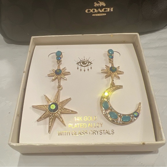 Eye Candy Gold Star and Moon Earrings with Blue Crystals - Picture 2 of 4